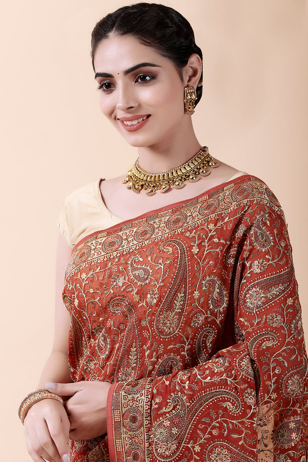 Rust Color Embroidered Saree