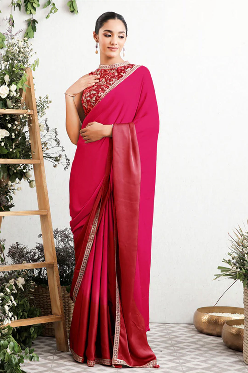 Fuchsia Pink  Colour Satin Saree.