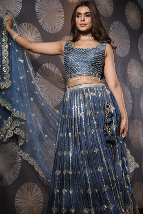 Blue Colour Chinon Silk Lehenga