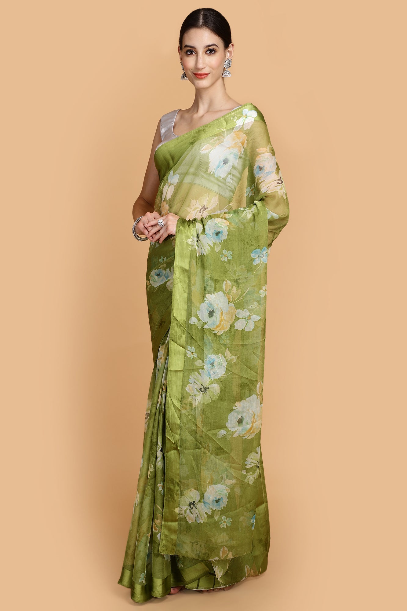 Green Chiffon Printed Saree.