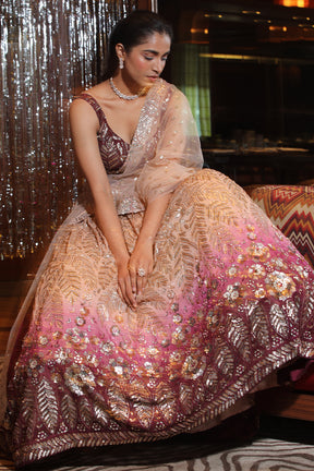 Beige and Wine Ombre Color Georgette Lehenga