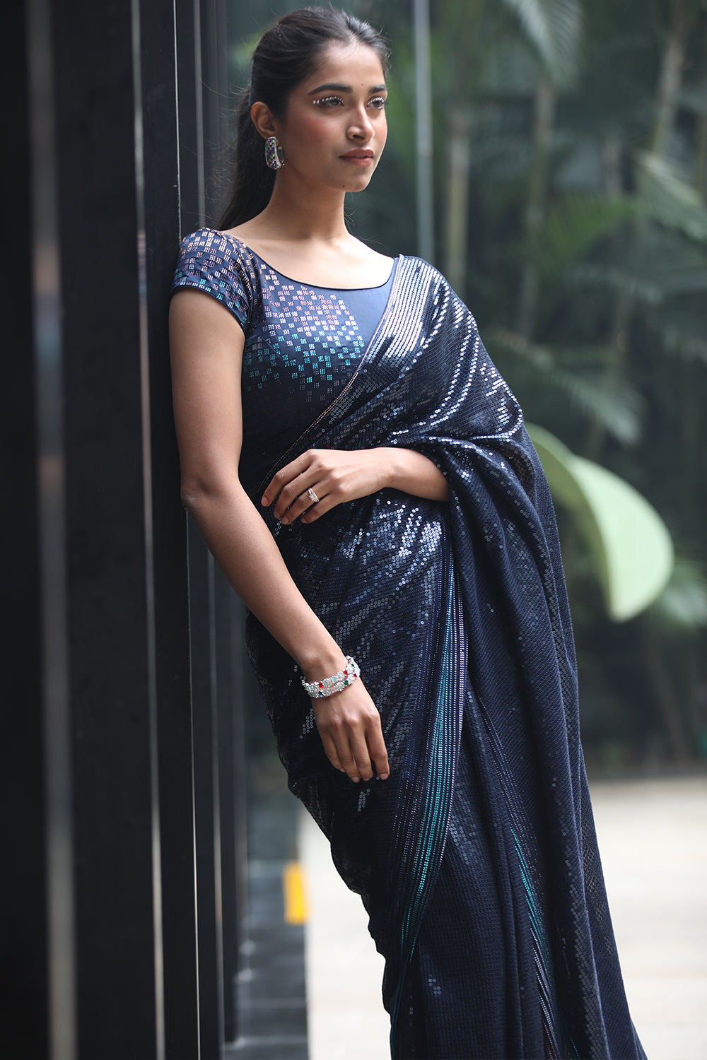 Navy Blue Color Embroidered Georgette Saree