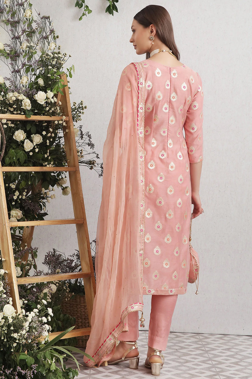 Peach Color Chanderi Woven Suit Material.