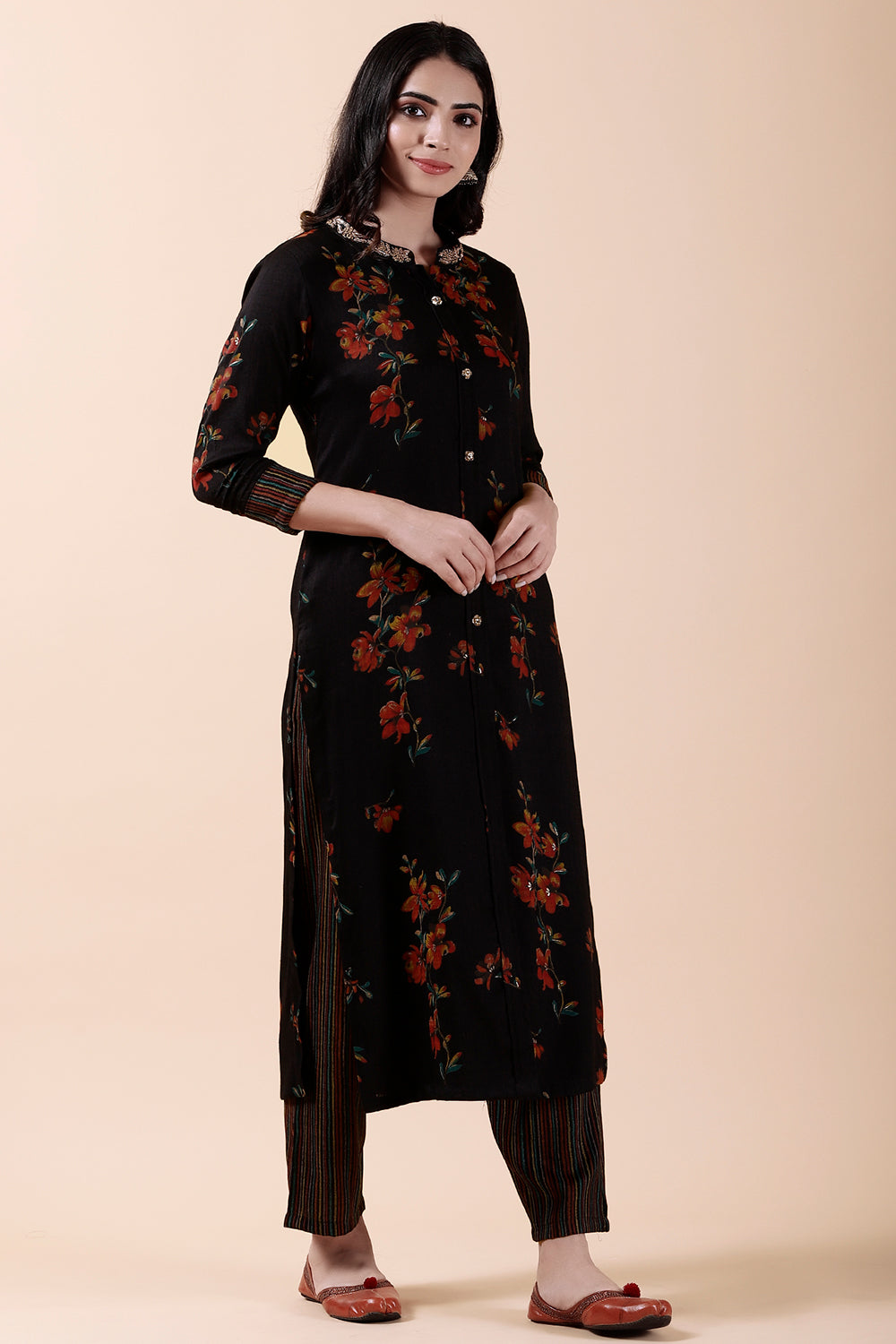 Black Color Cotton Printed Kurti & Pant Set