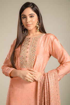 Peach Colour Embroidered Silk Suit Set