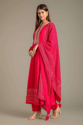 Cherry Red Embroidered Silk Suit With an Unstitched Salwar Fabric