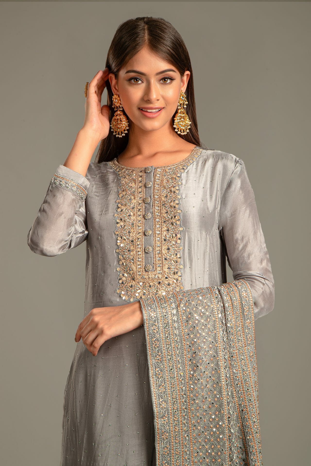 Grey Embroidered Silk Suit Set