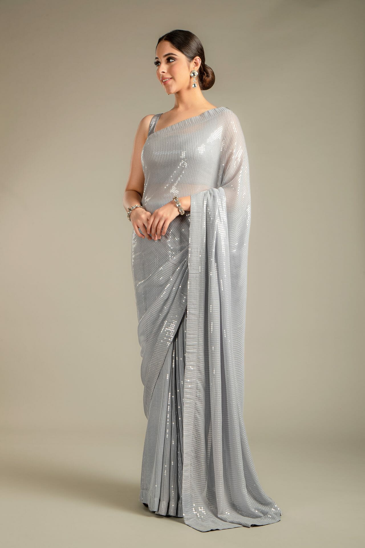 Grey Colour Sequins Work Saree