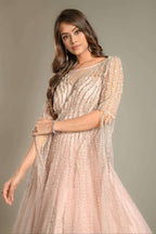 Baby Pink Flared Sleeves Net Gown