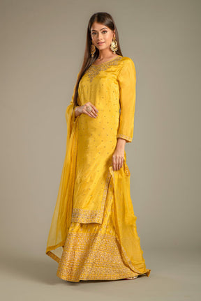 Yellow Colour Embroidered Silk Suit