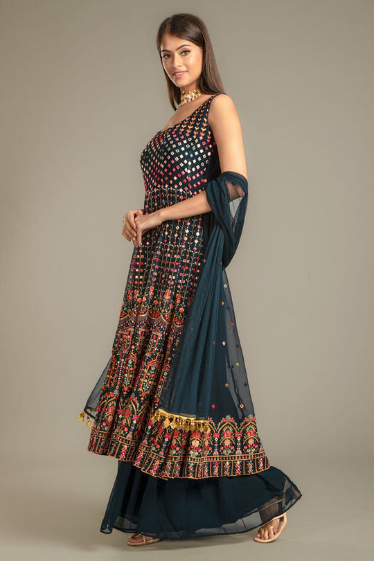 Navy Colour Georgette Anarkali Gharara Suit.
