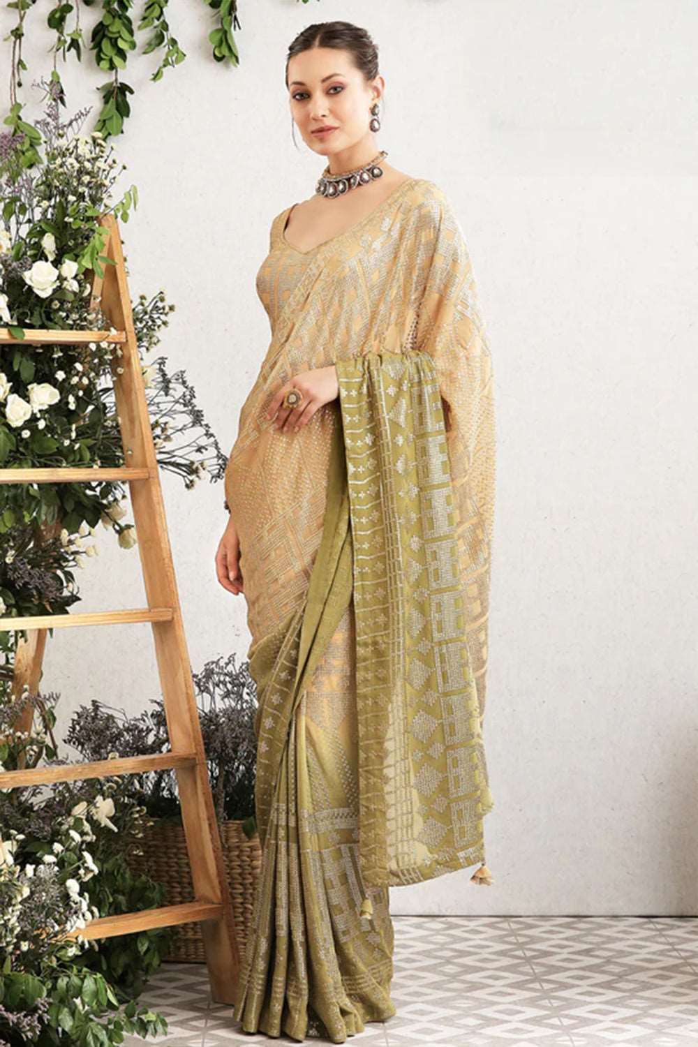 Beige & Pista Ombre Sequins Work Georgette Saree.