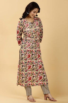 Cream Color Cotton Printed Kurti & Pant Set