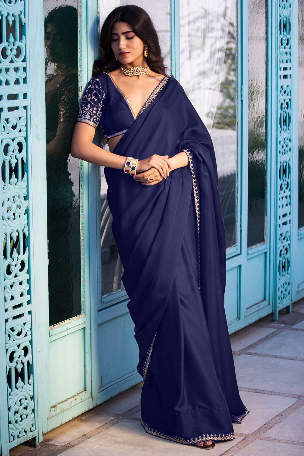 Navy Color Satin Saree