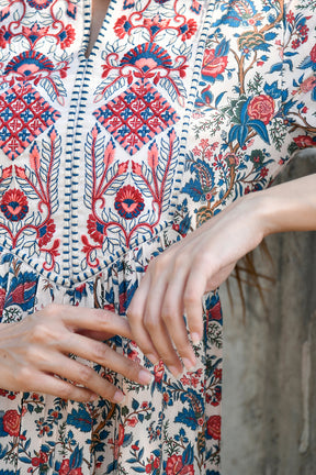 Beige Colour Cotton Printed Peonies Dress