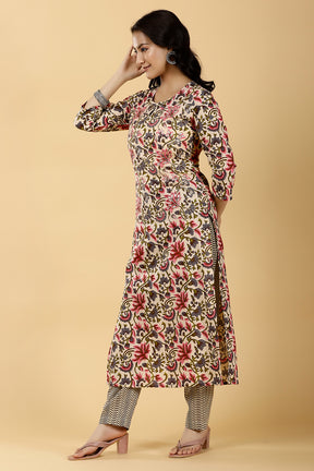 Cream Color Cotton Printed Kurti & Pant Set