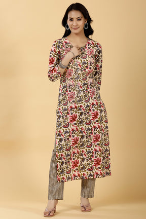 Cream Color Cotton Printed Kurti & Pant Set