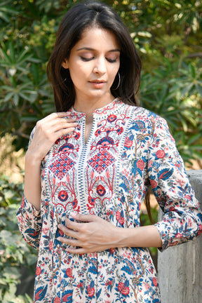 Beige Colour Cotton Printed Peonies Dress