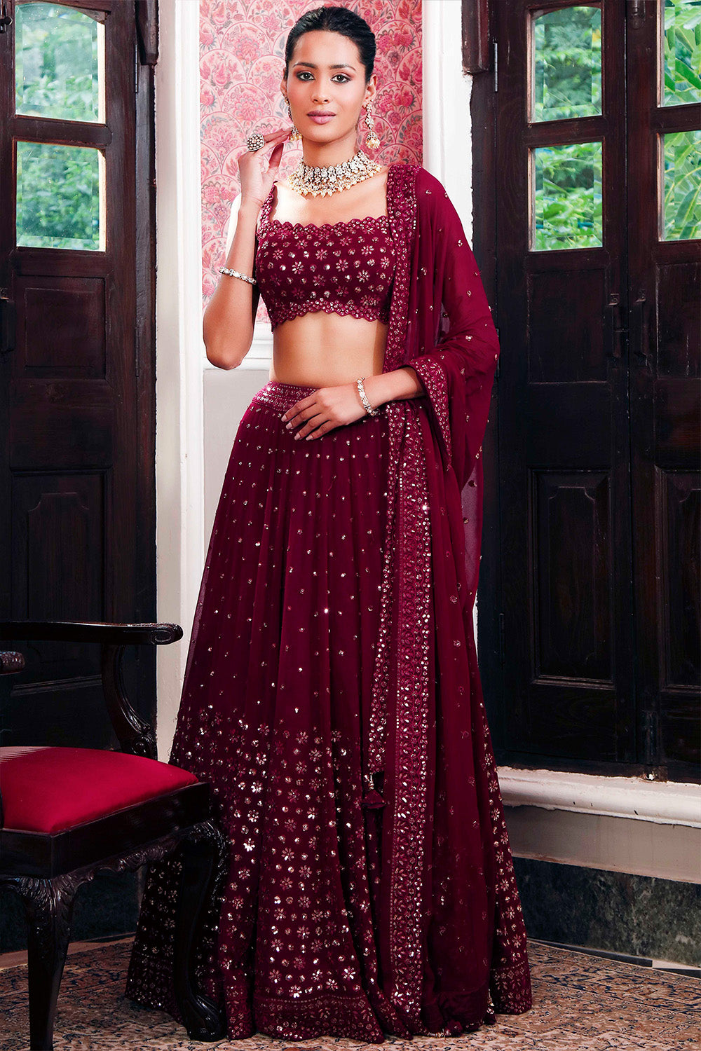 Dark Scarlet Color Embroidered Georgette Lehenga