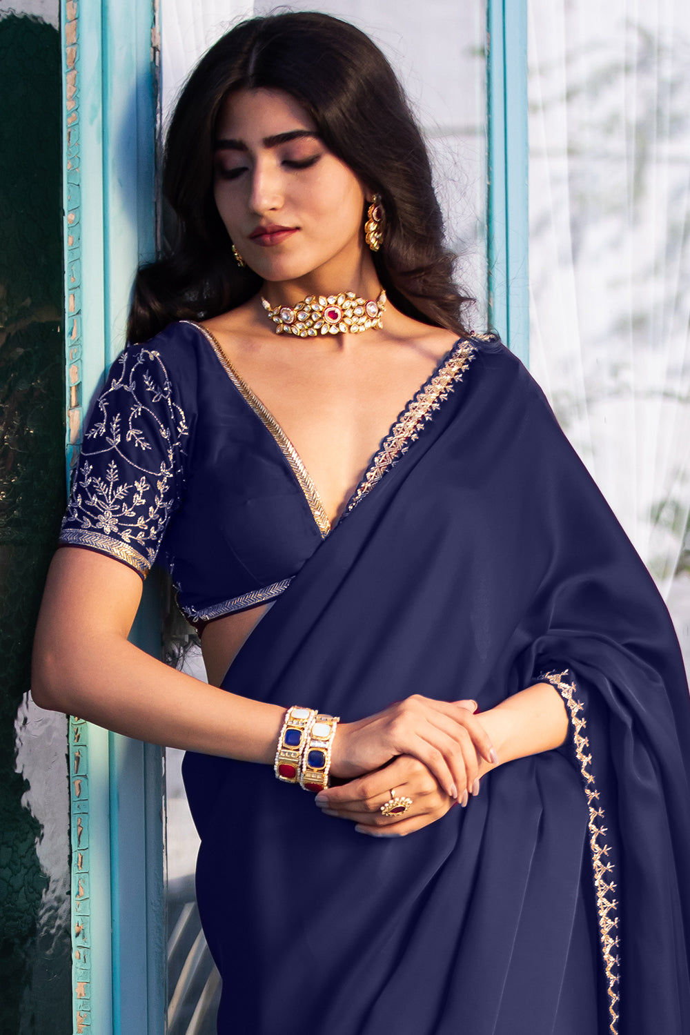 Navy Color Satin Saree