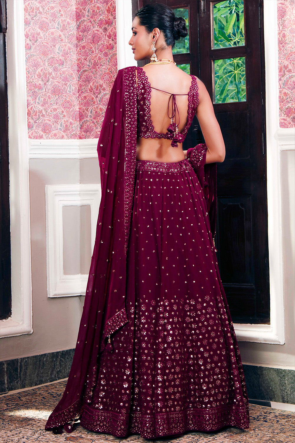 Dark Scarlet Color Embroidered Georgette Lehenga