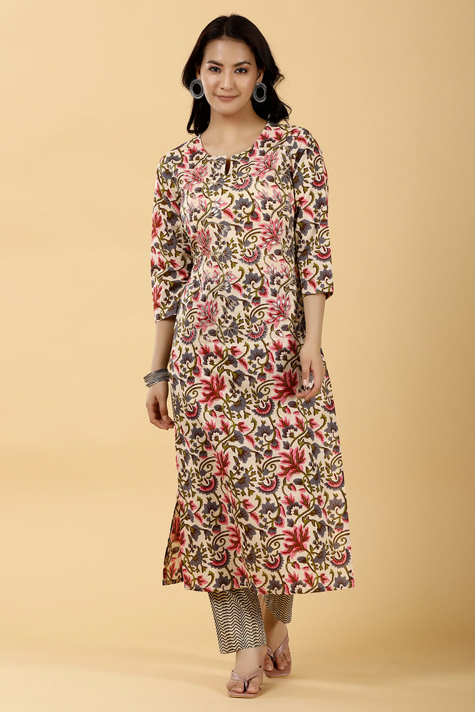 Cream Color Cotton Printed Kurti & Pant Set