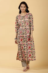 Cream Color Cotton Printed Kurti & Pant Set