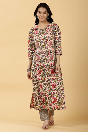 Cream Color Cotton Printed Kurti & Pant Set