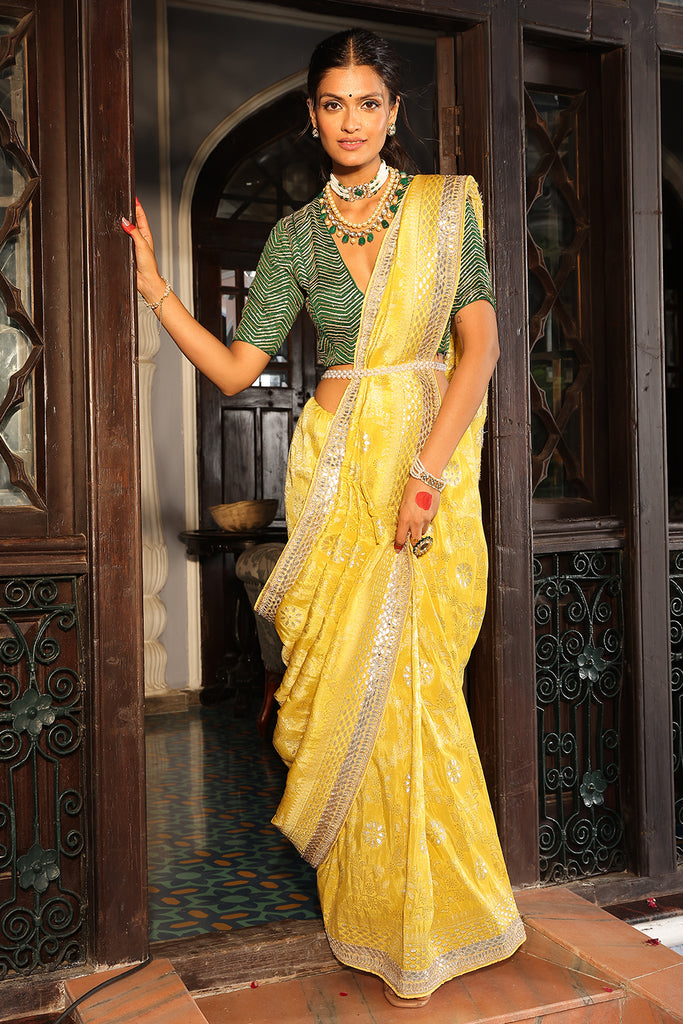 Buy Lemon Yellow Zariwork Georgette Saree - Koskii