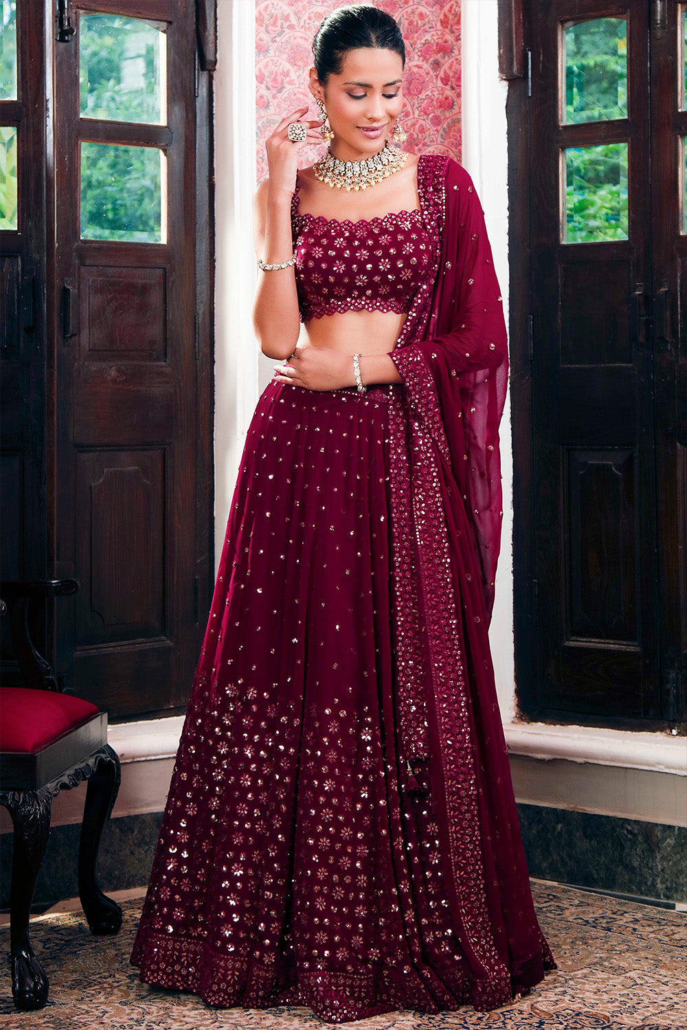 Dark Scarlet Color Embroidered Georgette Lehenga