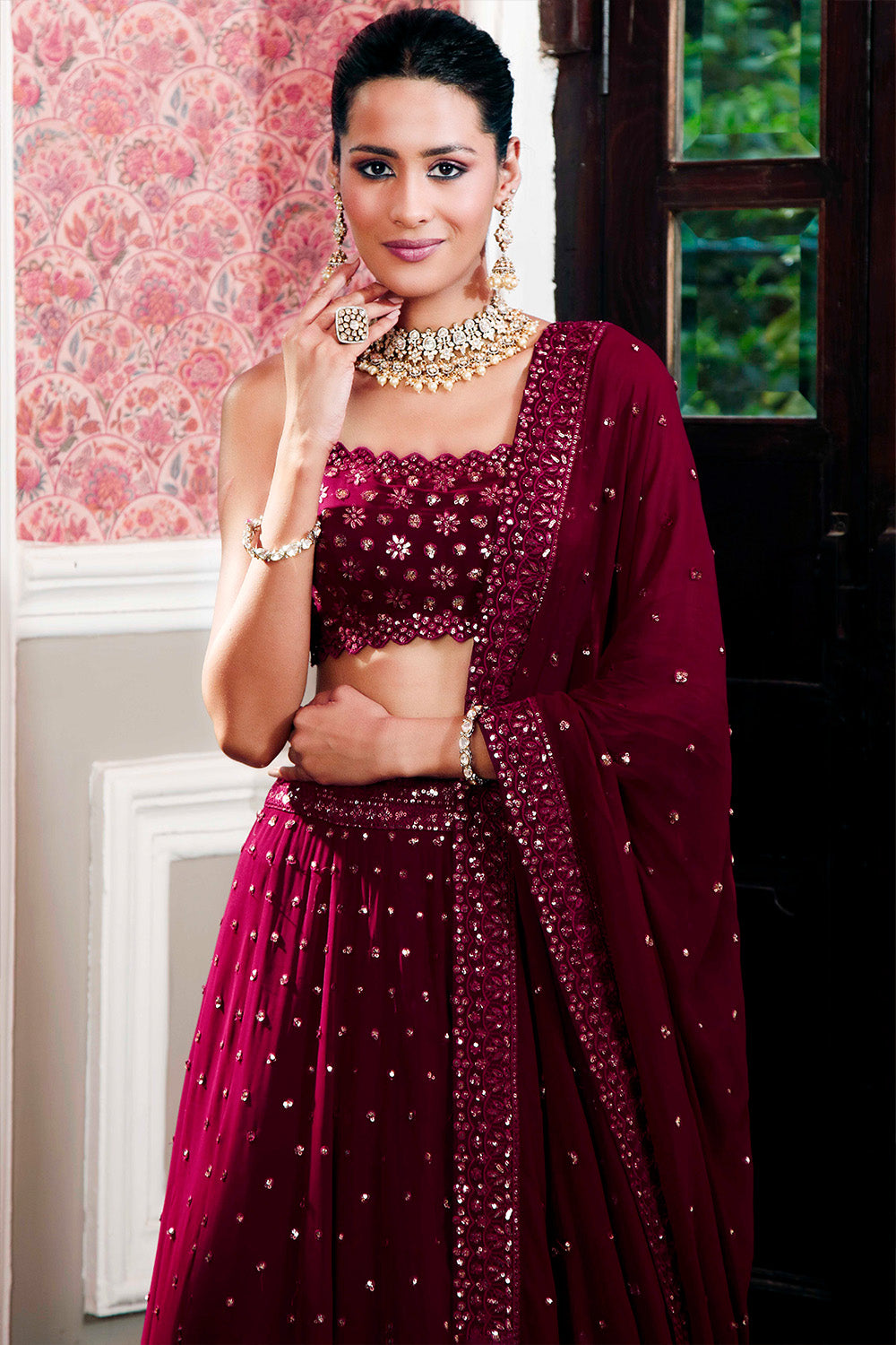 Dark Scarlet Color Embroidered Georgette Lehenga