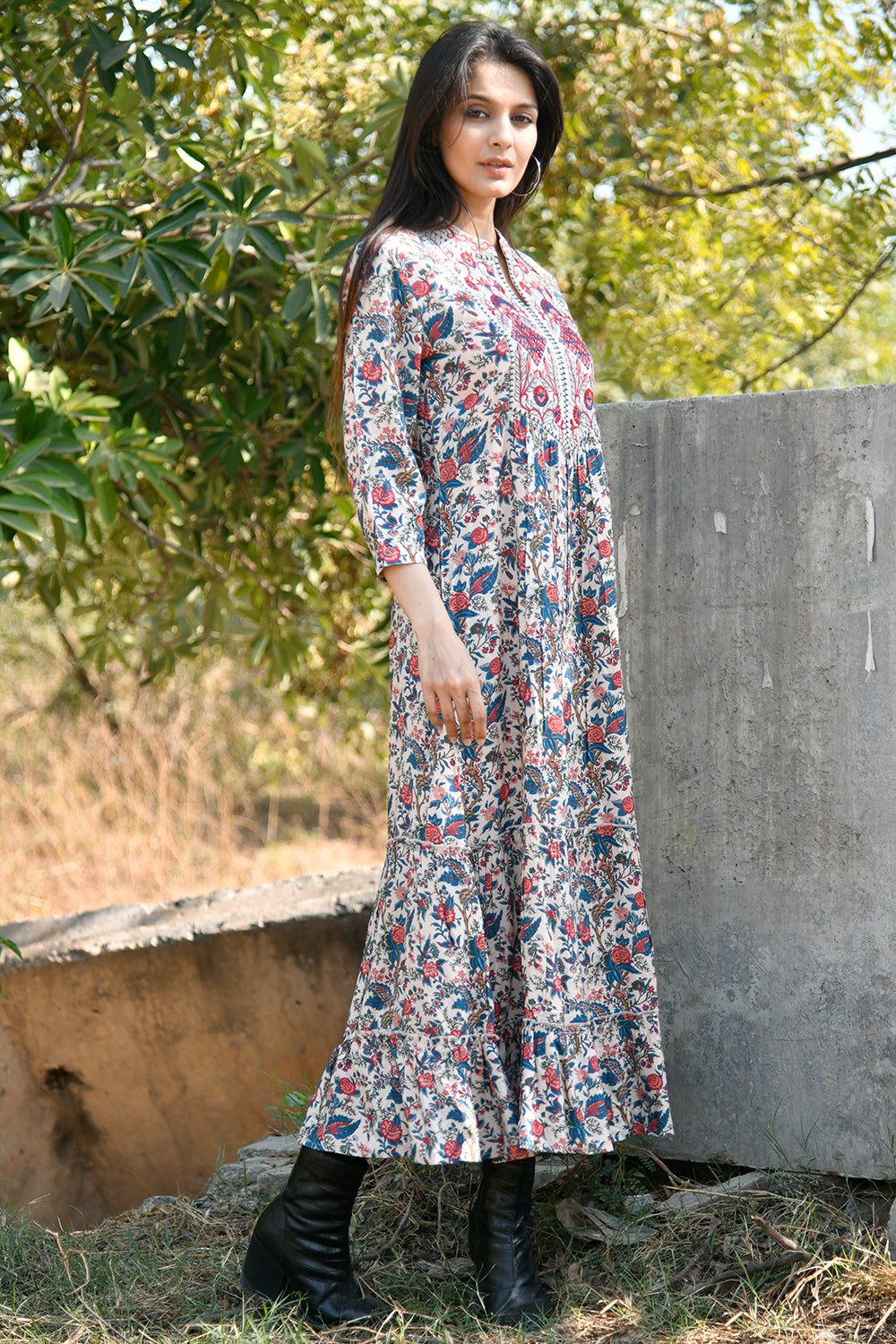 Beige Colour Cotton Printed Peonies Dress
