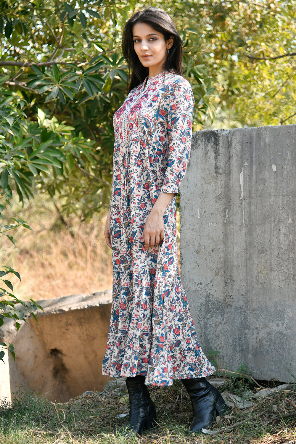 Beige Colour Cotton Printed Peonies Dress