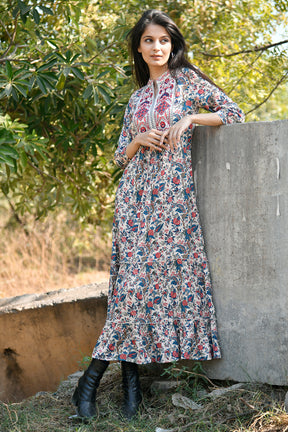 Beige Colour Cotton Printed Peonies Dress