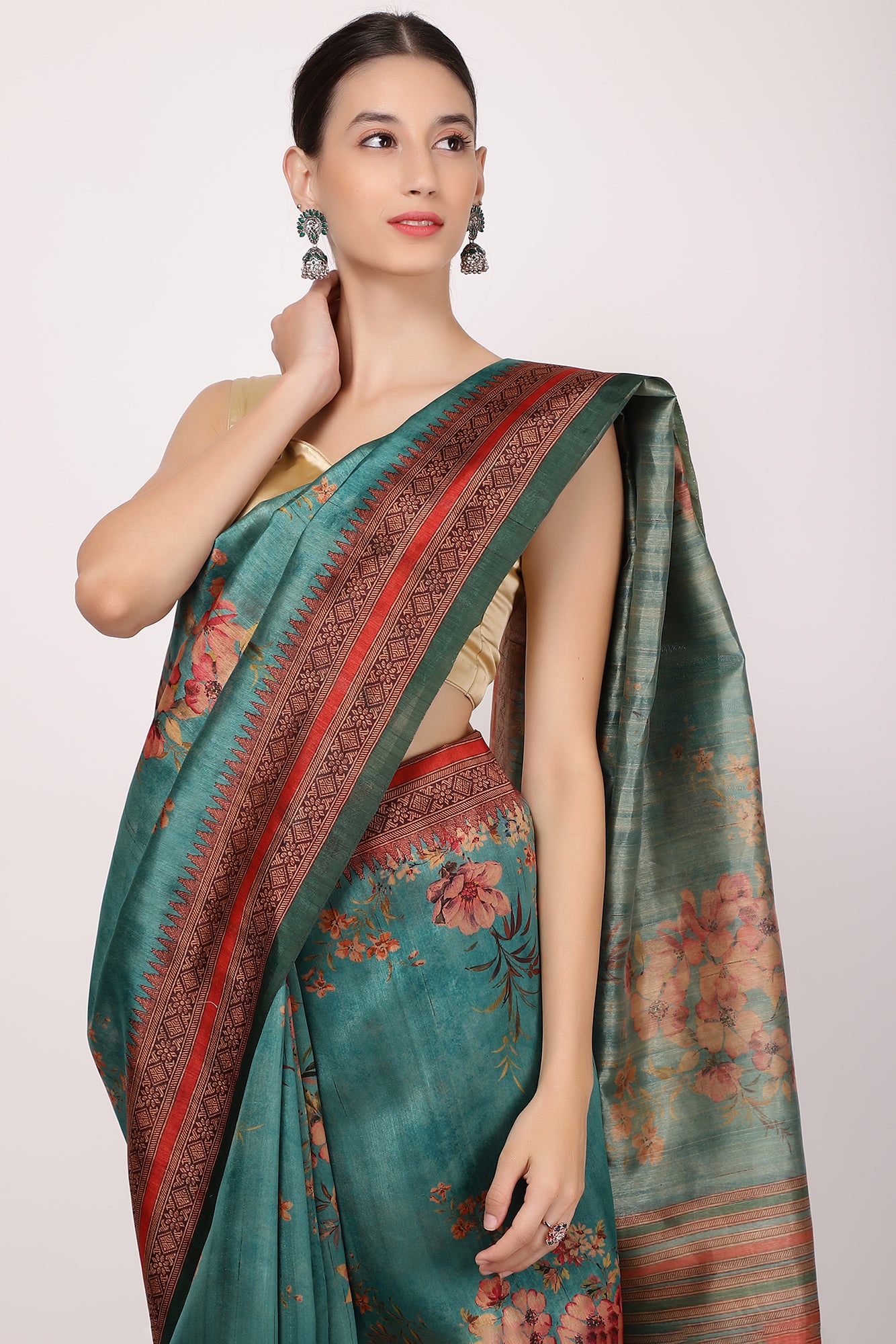 Teal Colour Printed Tussar Silk Saree.