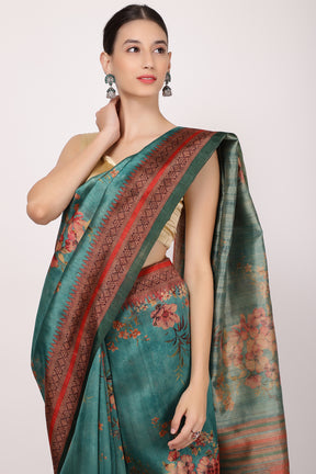 Teal Colour Printed Tussar Silk Saree.