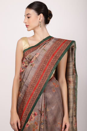 Brown Colour Printed Tussar Silk Saree.