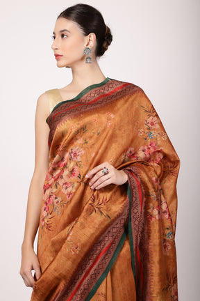 Mustard Colour Printed Tussar Silk Saree.