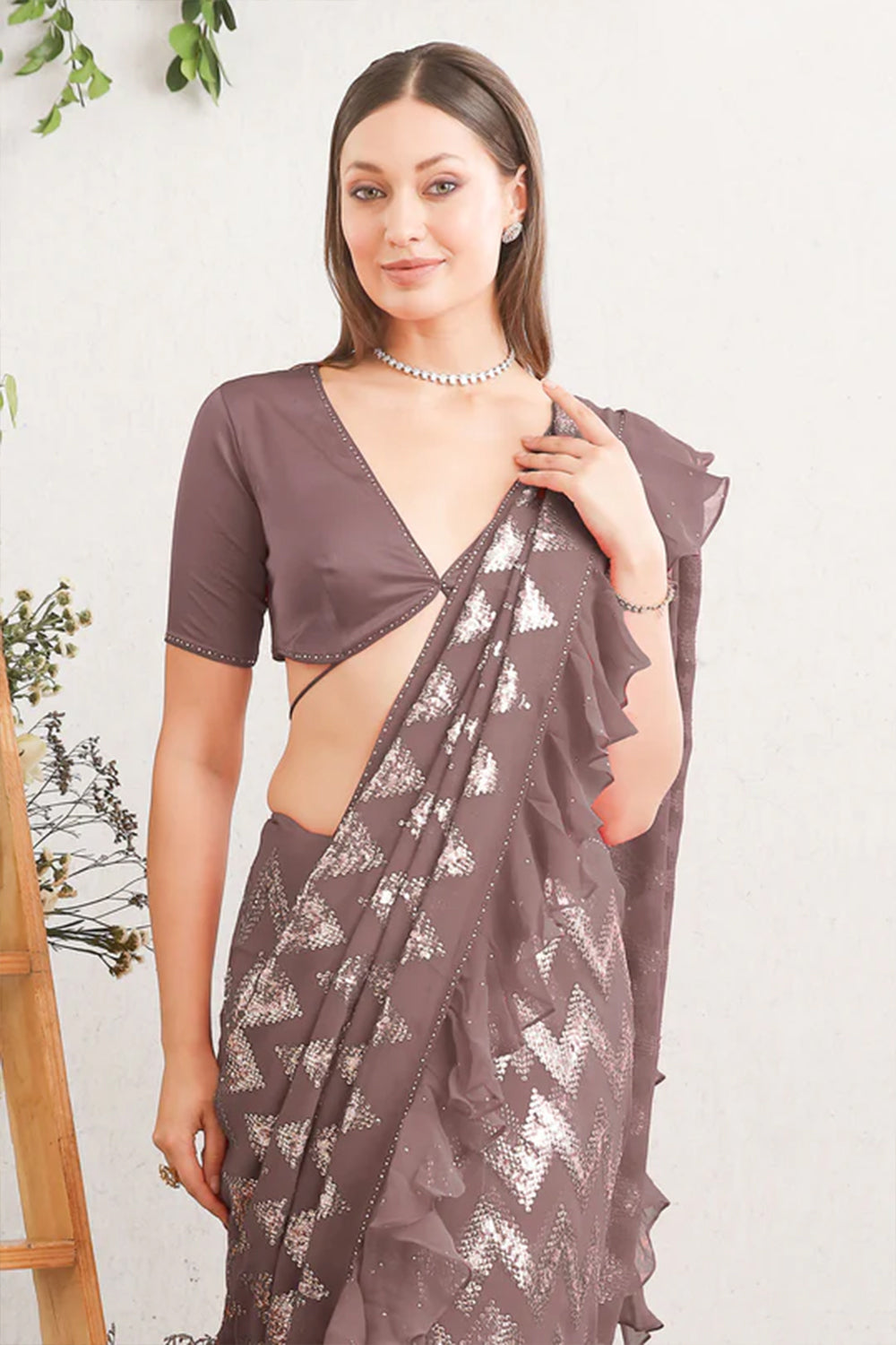 Mesh Mauve Color Georgette Ruffled Saree