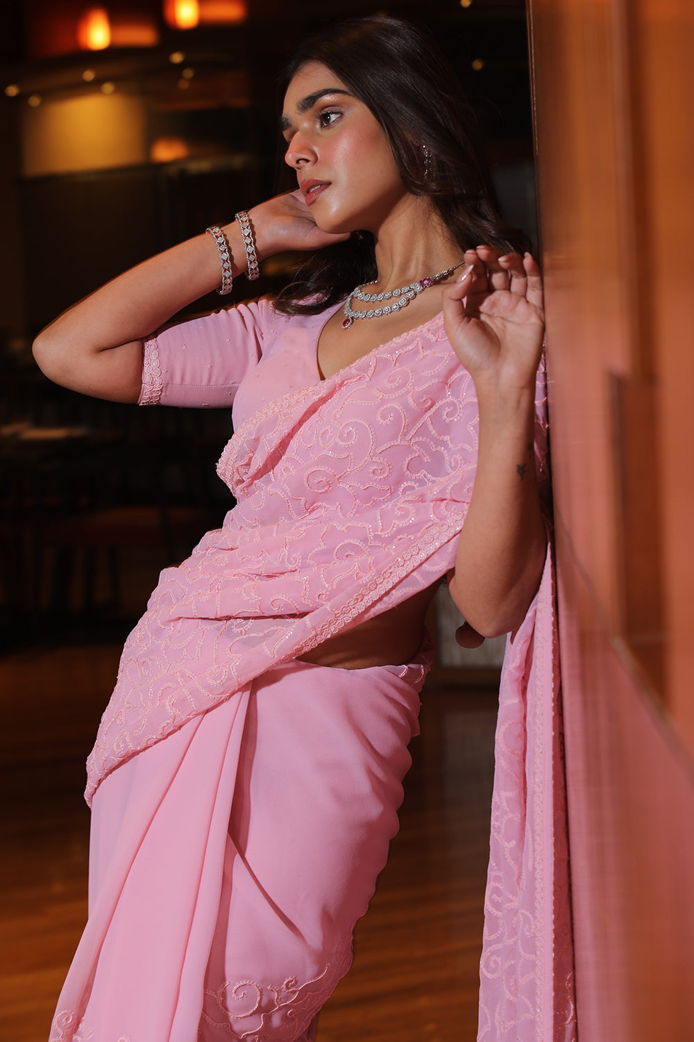 Pink Colour Thread Work Saree.