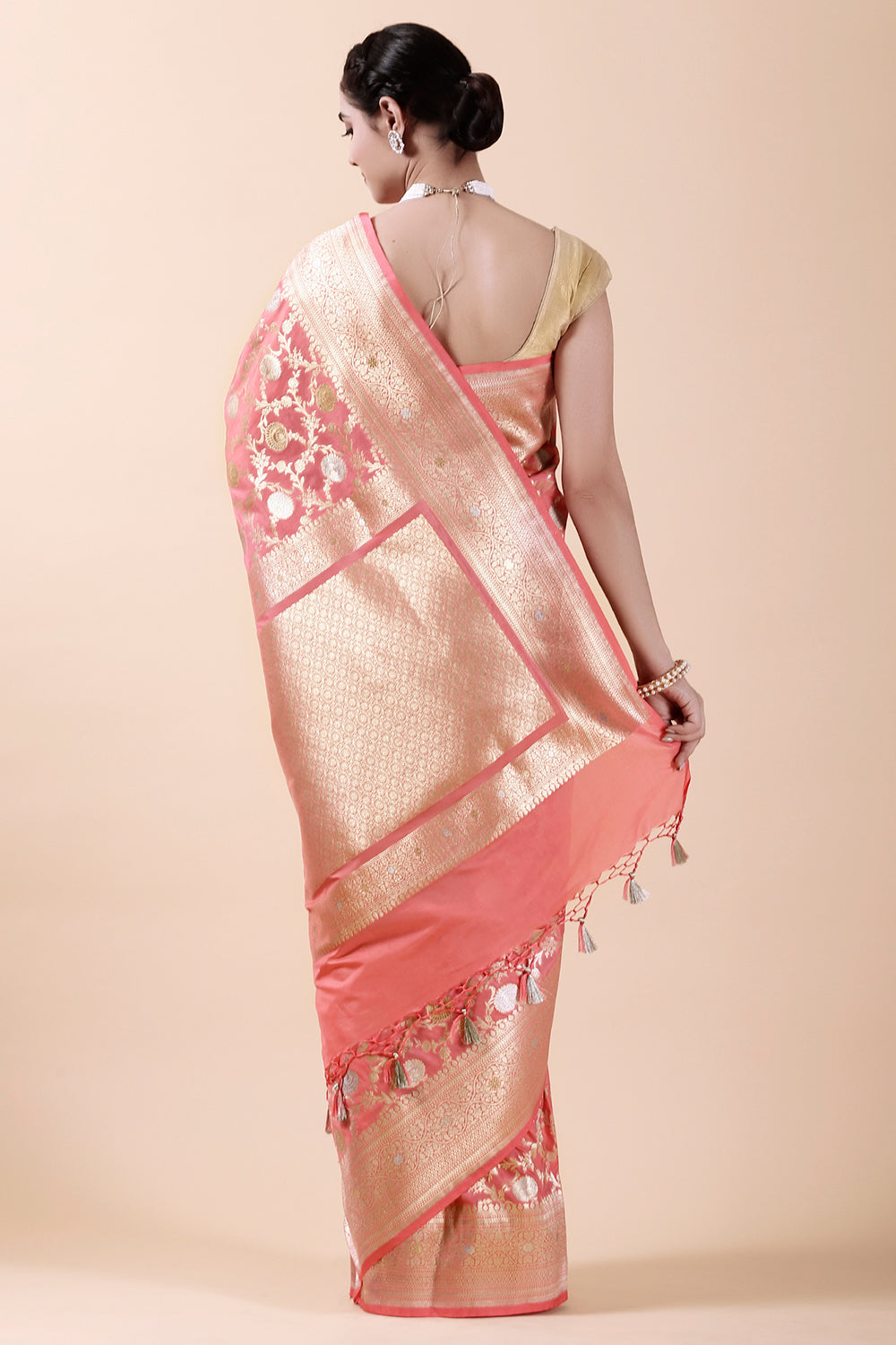 Coral Colour Woven Banarasi Silk Saree