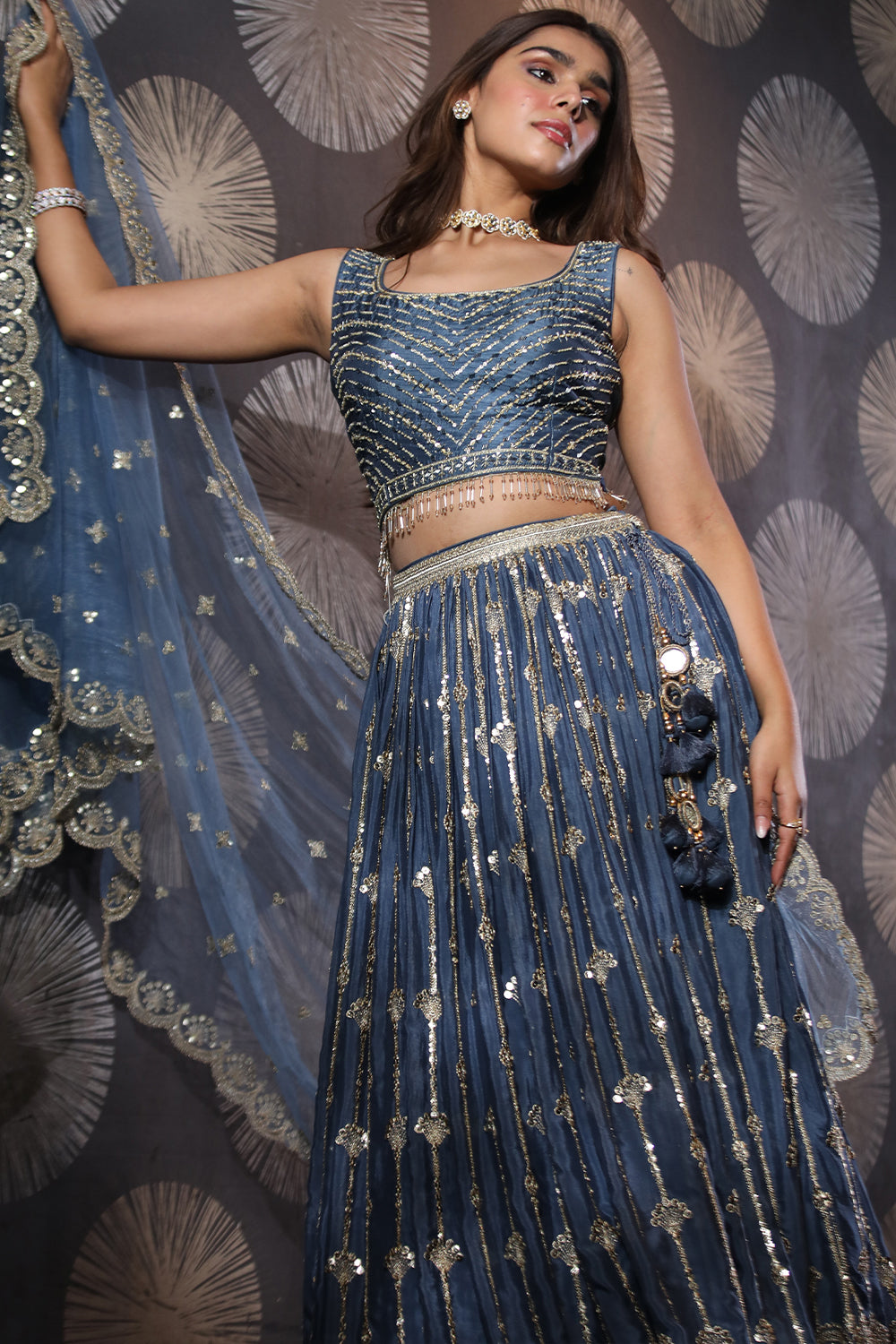 Blue Colour Chinon Silk Lehenga