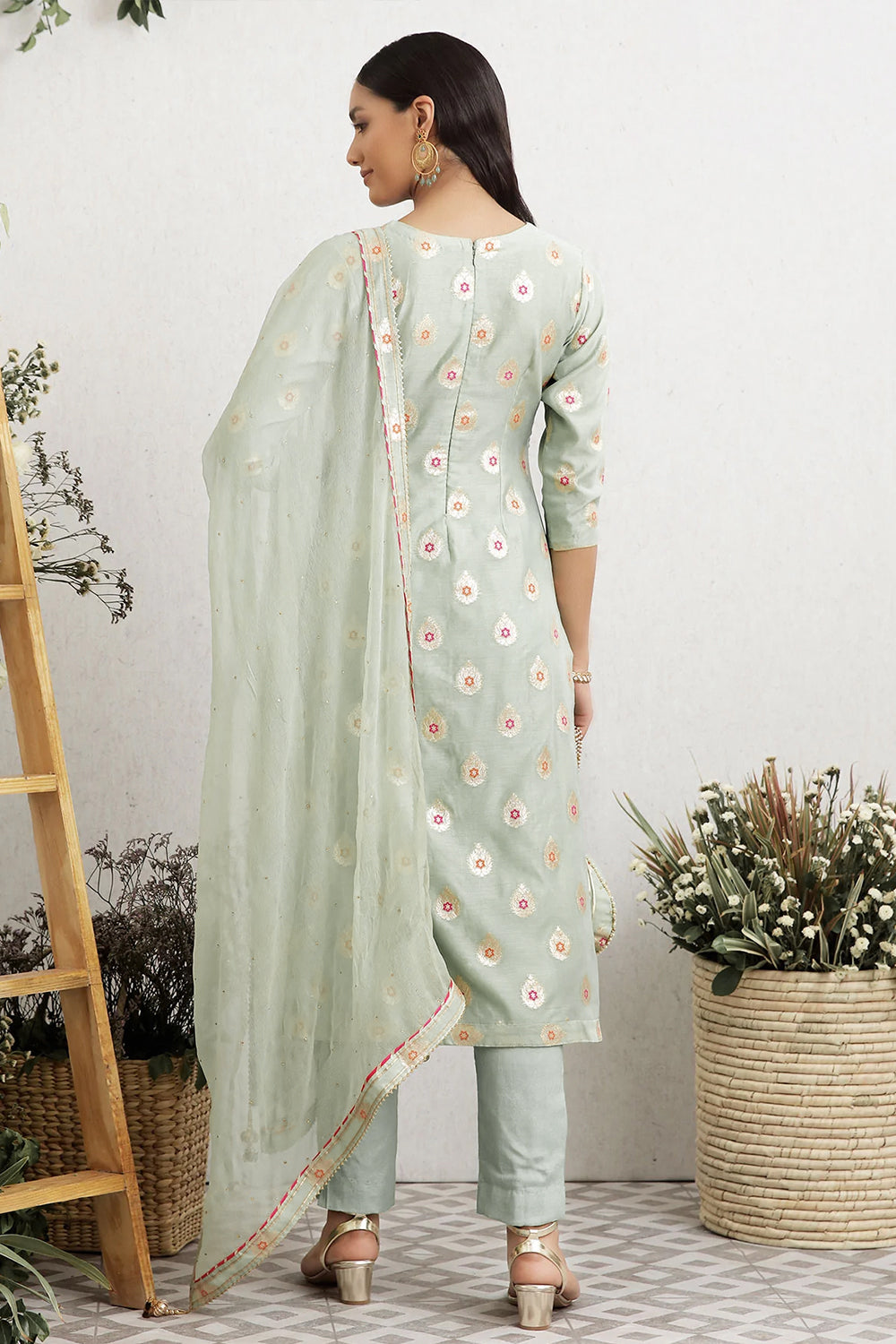 Mint Color Chanderi Woven Suit Material.