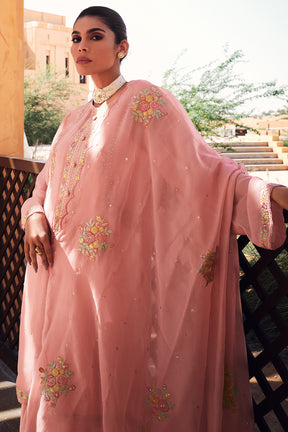 Peach Colour Embroidered Organza Unstitched Suit Material