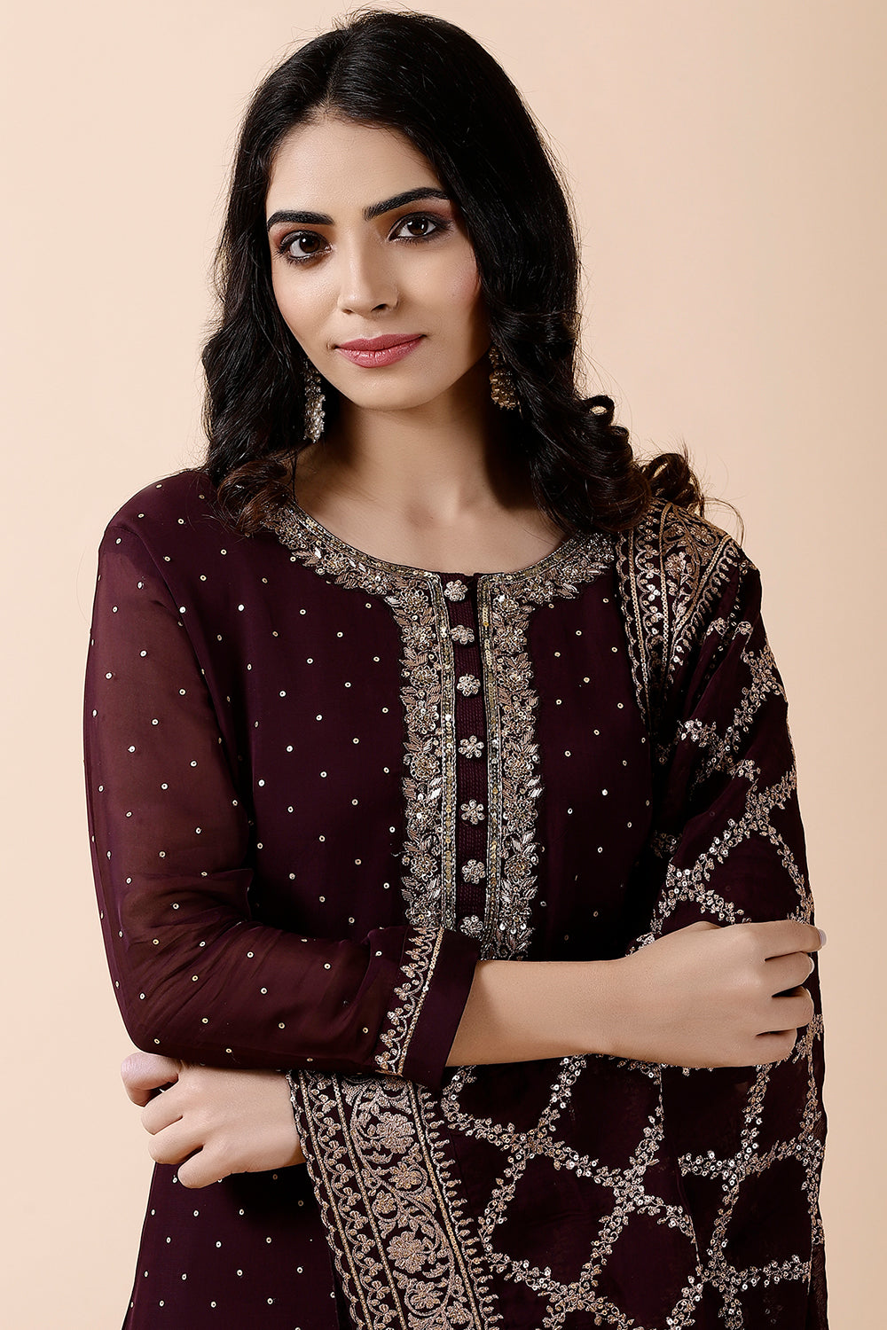 Dark Scarlet Color Organza Embroidered Suit