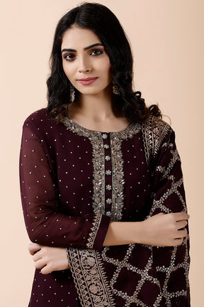 Dark Scarlet Color Organza Embroidered Suit