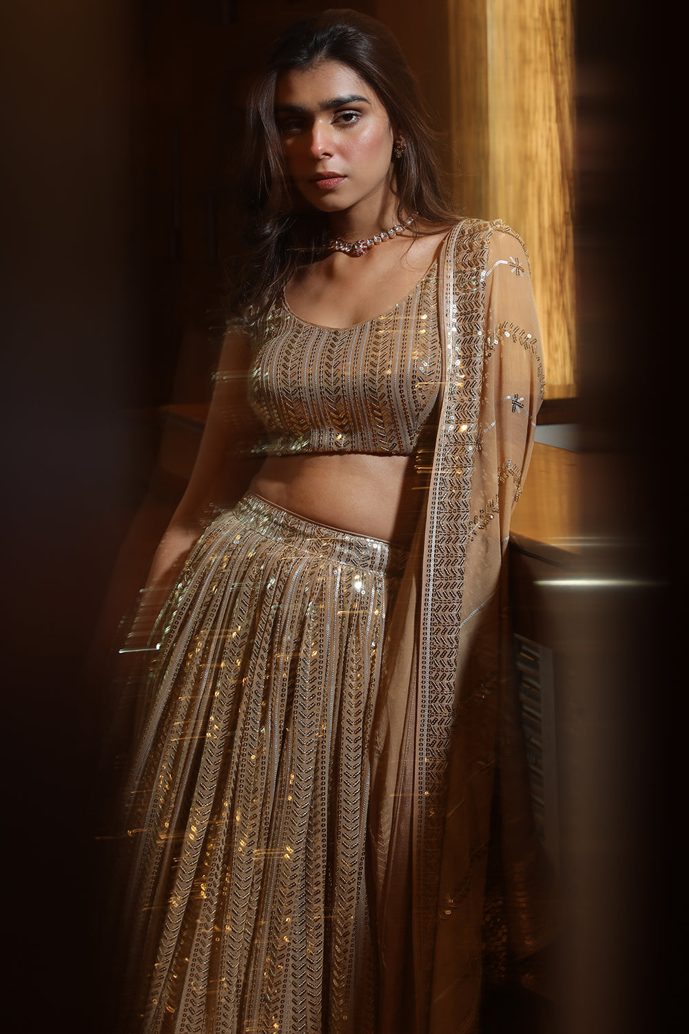 Fawn Color Sequins Georgette Lehenga