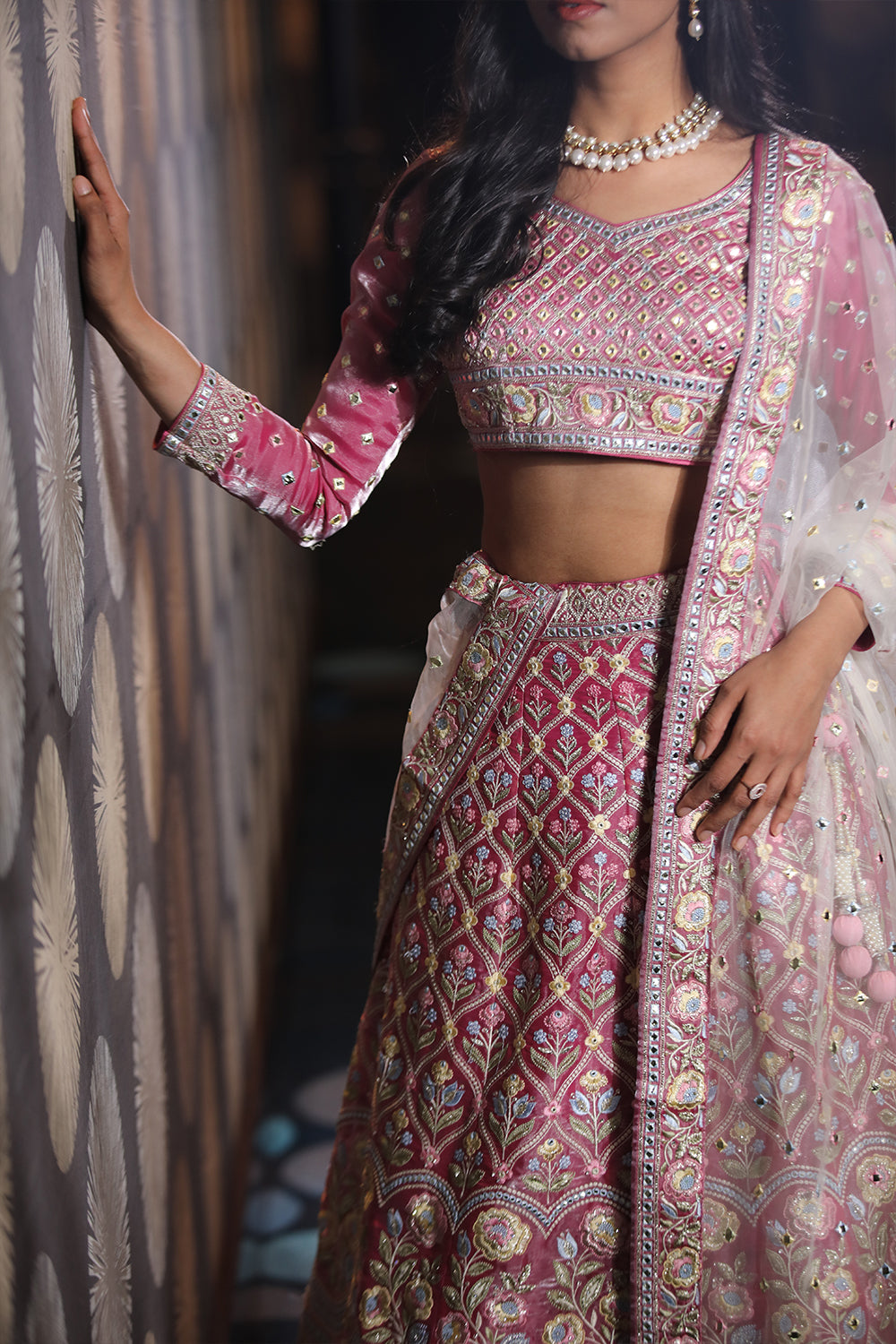 Fuchsia Pink Organza Embroidery Unstitched Lehenga