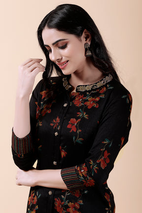 Black Color Cotton Printed Kurti & Pant Set