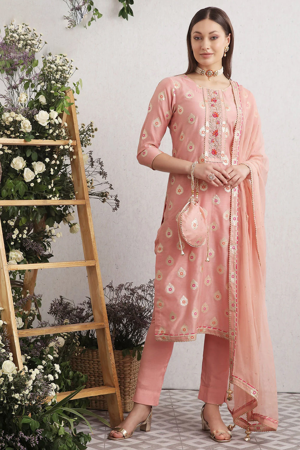Peach Color Chanderi Woven Suit Material.